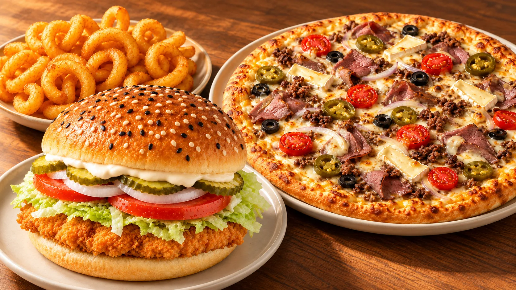 Chickenburger en pizza