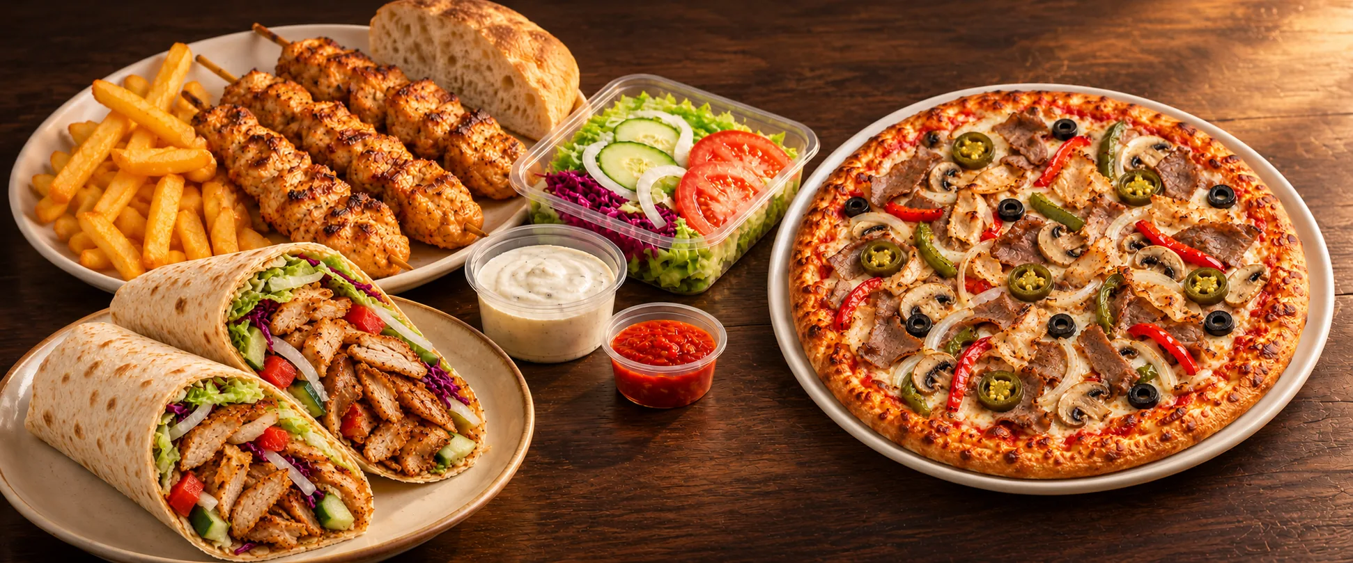 Pizza, wraps en kipspiesjes
